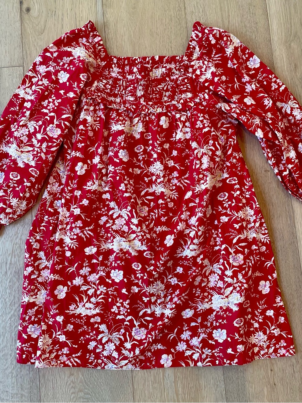 Doen Red Floral Smocked Mini Dress
